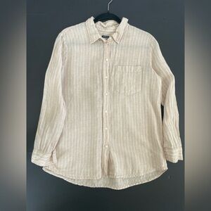 Women’s Gap Boyfriend Botton Down Long Sleeve Linen Shirt Beige Striped M Petite